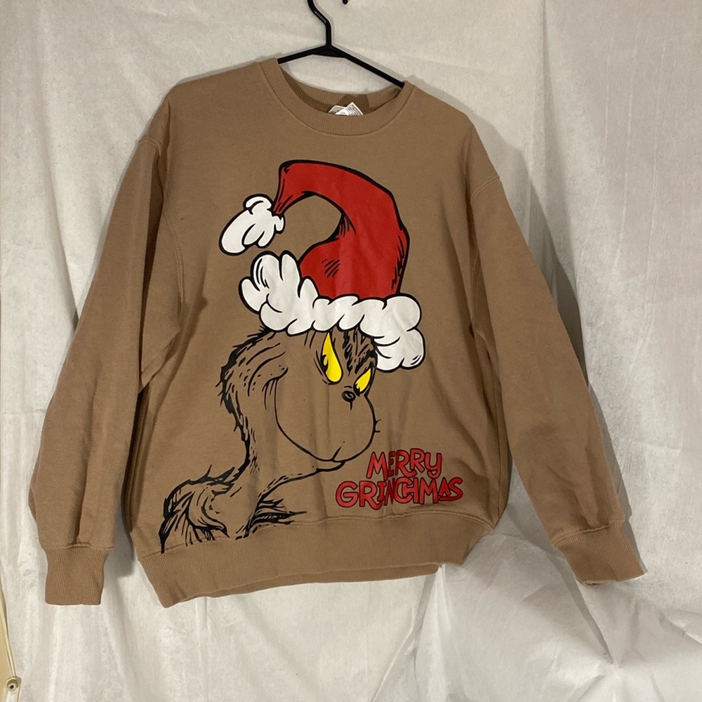 Dr SUESS THE GRINCH Merry Grinchmas pullover Graphic Sweatshirt Brown Cotton
